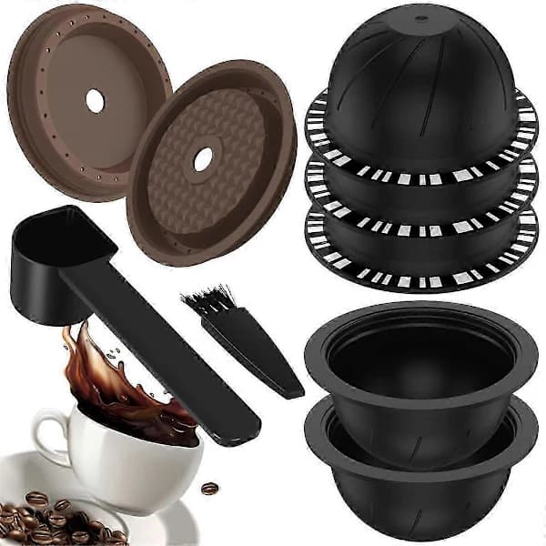 5 stk. Genanvendelige Vertuo-kapsler til Nespresso-maskine, Kaffekapsel med 2 silikonelåg, 1 ske og børste