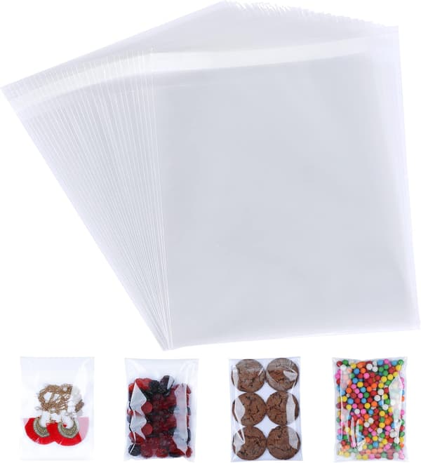 Gjennomsiktige cellofanposer 100-pakning (11*17cm) - Selvklebende små gjennomsiktige poser, kjeks poser perfekt for godteri, gaver, smykker, A6-A10 ko