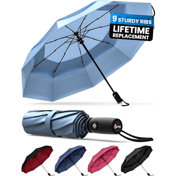 Repel Paraply Vindtett Reiseparaply for Regn - Enkel Automatisk Åpne og Lukke, Holdbar & Kompakt Paraply, Sterk Glassfiberramme, Vanntett Kalesje