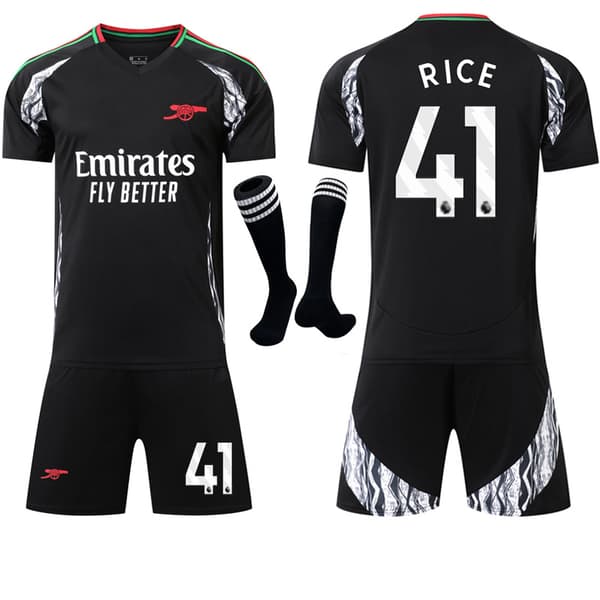 Arsenal Bortedrakt Fotballdrakt Barn/Voksen Svart 2024-2025 med Sokker Nr.41 RICE No.41 RICE