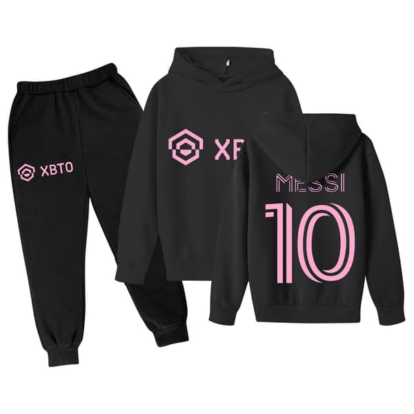 Xbi-10 Messi Barn Casual Sportsklær Fotball Hettegenser Treningsbukser Genser svart