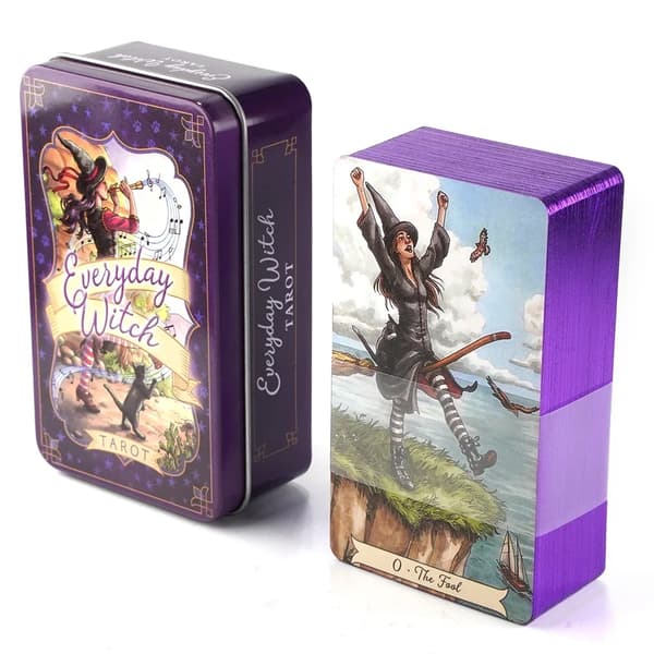 Everyday Witch Tarot i metallboks 78 kort forgylte kanter guidebok kortstokk strømpe blomstrende katt okkult Del Toro Tarot_Julegave