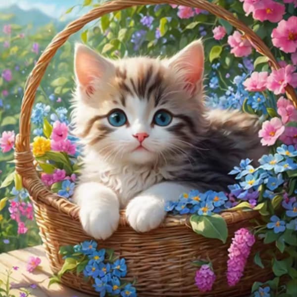 Diamantmalesett med katt, blomsterkurvlandskap og full rund diamantmosaikk for hjemmeveggdekorasjon