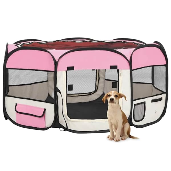 vidaXL Hopfällbar hundhage med väska rosa 145x145x61 cm