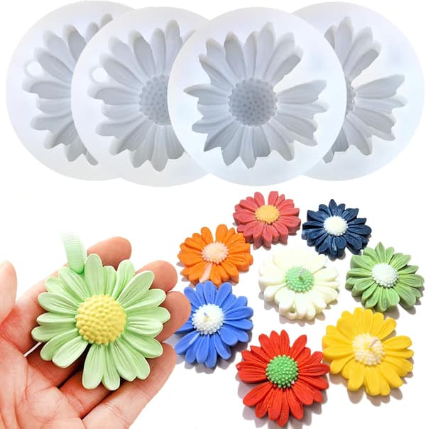 4 Daisy Blomst Silikon Stearinlysformer, 3D Silikon Blomster Stearinlysform, Såpe Voks, Epoxyharpiks Gips, Polymerleire Betongstøping, Dekorform