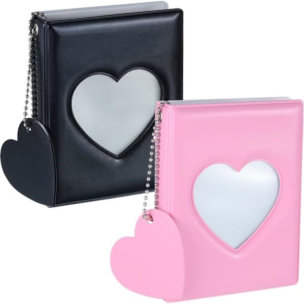 2-pack 3-tums Kpop fotokortshållare, minifotoalbum med hjärtberlocker, rosa, 32 fickor (svart + rosa)