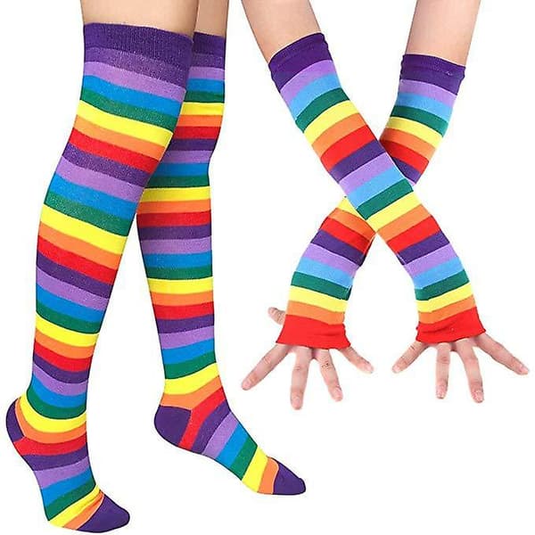 Over Knee Regnbue Lårhøye Sokker Hansker Sett Cosplay Tilbehør Arm Beinvarmer