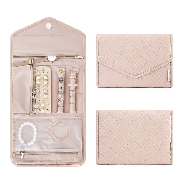 Reise smykkeskrin, sammenleggbar smykkeveske for Journey-Ringer, Halskjeder, Øredobber, Armbånd, Rosa