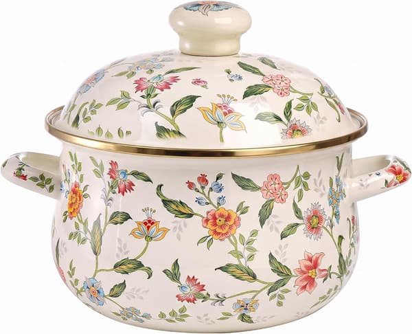 2,8 liters vintage emaljert kokekar med lokk, grønn blomsteremalje kasserolle med doble håndtak for gass- og elektrisk komfyr