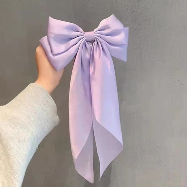 2 st Stora Hårklämmor med Rosett och Lång Silkeslen Satin, Enfärgad Fransk Hårklämma Enkla Hårnålar Accessoarer för Kvinnor Flickor Lila