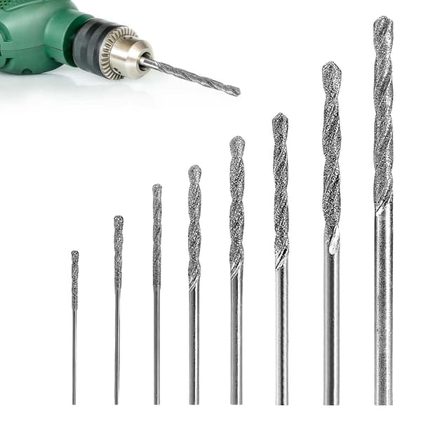 Sett med 8 diamantbor og glassbor, 0,8 til 3 mm spiralbor med diamantspiss for glass, metall, skjell, jade, perler og smykkefremstilling