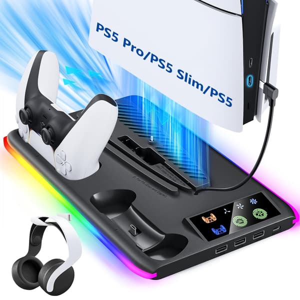 wxsp PS5/Slim/Pro Køle- og Ladestation med Køleventilator, PS5/Slim/Pro Stand til Disk & Digital Konsol, PS5 Controller Oplader, PS5 Tilbehør