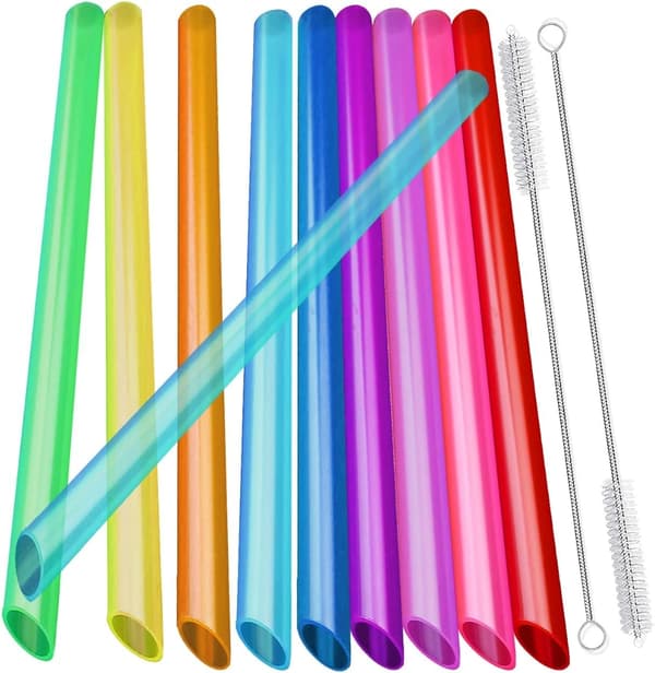 12 Gjenbrukbare Boba Smoothie-sugerør med 2 børster, 12 mm, Flerfargede BPA-frie plastsugerør for Bubble Tea (Topioka, Perler), Milkshakes, Juicer