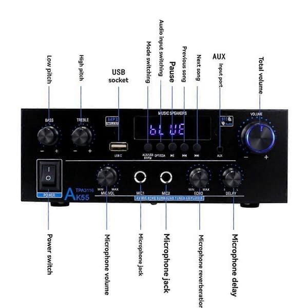 Hjemmeforstærker AK55 900W Max 2.0 Kanal Nominel Bluetooth Audio Hifi AMP Karaoke Musikafspiller EU
