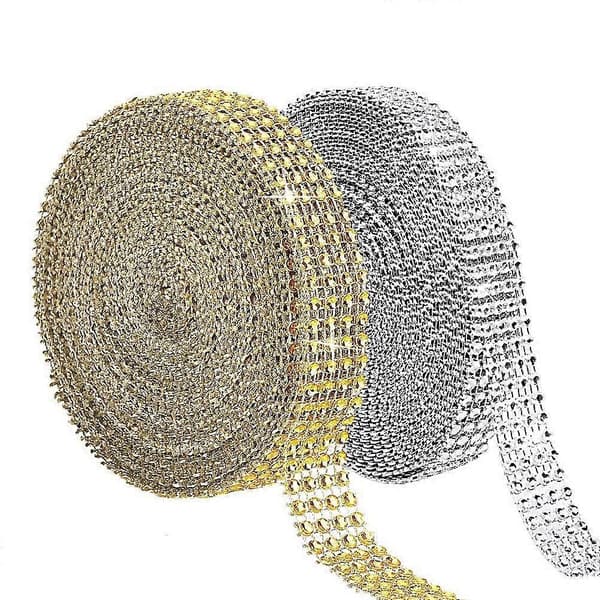 2 rullar strassband, 4 rader med 20 yards glänsande akryl strass diamantband hantverk (guld, silver)
