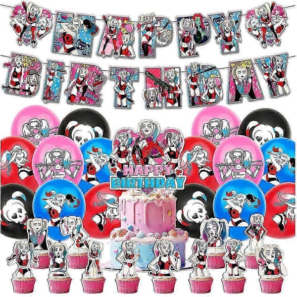 Harley Quinn Tema Bursdagsfest Utstyr Banner Ballonger Cupcake Kake Topper Sett Dekorasjon
