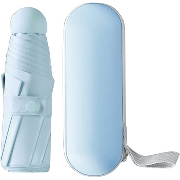 Sammenleggbar paraply 6 ribber mini paraply liten paraply med pose mini anti-ultrafiolett paraply hurtigtørkende ultralett og kompakt (blå)