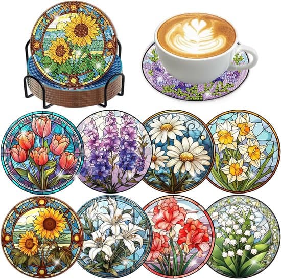Diamantmaleri Coaster Sett – Coasters med Holder – Sett med 8 – Tre/Kork Base – Kreativt Håndverkssett for Barn og Voksne