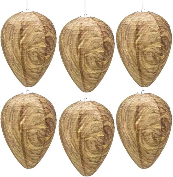 6-pak effektive vandtætte hvepsebo til udendørs ophængning, falske gedehamsebo, baghave falske bibo, 21 cm diameter, 29 cm højde, gule jakker