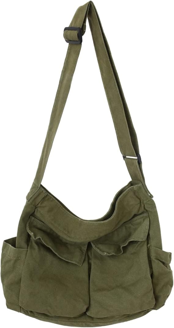 Lerret messenger bag stor hobo bag crossbody/skulderveske håndveske med lommer unisex.