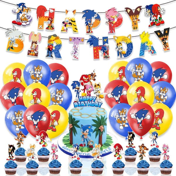 Sonic the Hedgehog-tema bursdagsdekorasjonssett: Ballonger og banner-kombinasjon