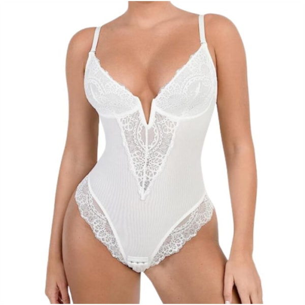 Spetsformad Shapewear Body för Kvinnor, Magkontroll, Vit White XL