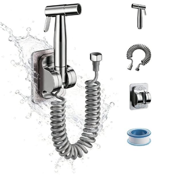 Bidet håndsprøyte - Børstet rustfritt stål selvrensende dyse med slange og veggfeste for toalett og bad - Kraftig jet sølv