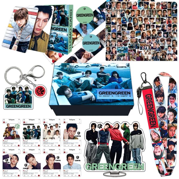 Grønt minialbum gavesett med bagasjeklistremerker og nøkkelring - Kpop-merchandise kortsamling