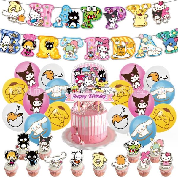 Sanrio Tegneserietema Festforsyninger Sæt Balloner Banner Børn Fødselsdagsfest Dekorationer Glad Tema