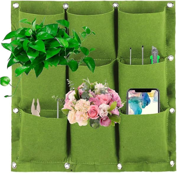Vægophængt plantepose, vertikal væghave plantekasse blomster plantepose (grøn, 9 lommer)