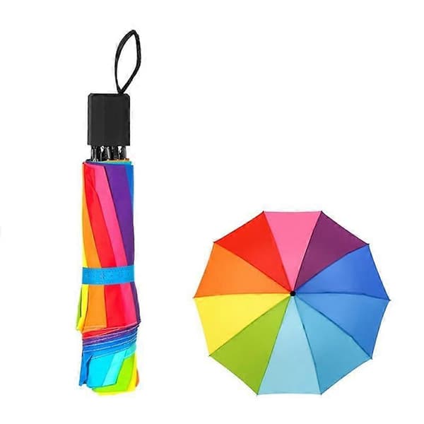 Fashion Regnbue Paraply Tre Fold Paraply Langt Håndtag Automatisk Vindafvisende Foldbar Lige Paraply