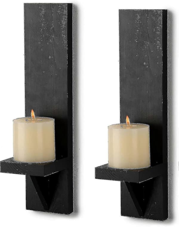 Veggholder for telys, sett med 2, dekorative lysestaker i tre, lysestaker i landlig stil, veggdekor for stue, svart