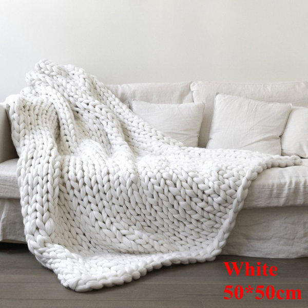 Arm Knitted Blanket Merino Wool Throw Iceland Thick Yarn White 50x50cm