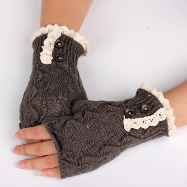 Fingerless Knit Gloves Button Mittens Warmer Brown