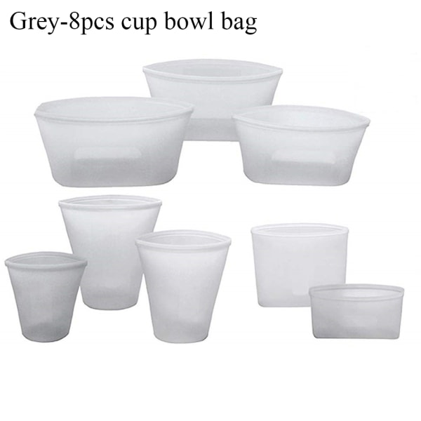 Food Storage Bag Fresh Bowl Cup Silicone Grey 8pcs