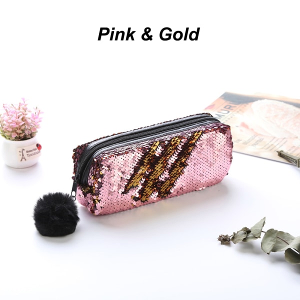 Sequins Pencil Case Mermaid Makeup Pouch Cosmetic Bag Pink & Gold