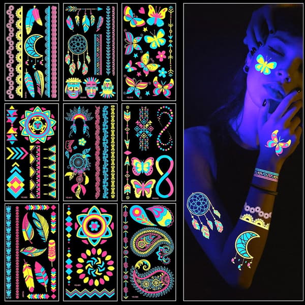 Neon Midlertidige Tatoveringer, 9 STK Forskellige Designs Selvlysende Neon Tatoveringer, UV Neon Falske Vandtætte Tatoveringsmærkater Festivaltilbehør