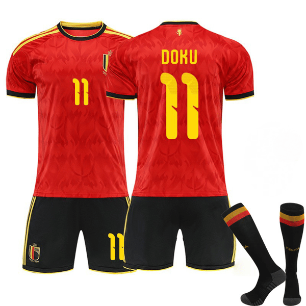 2026 VM Belgia Doku #11 Spesialutgave Kortarmet Fotballdrakt/Shorts/Sokker Sett Barn Ungdomsstørrelser