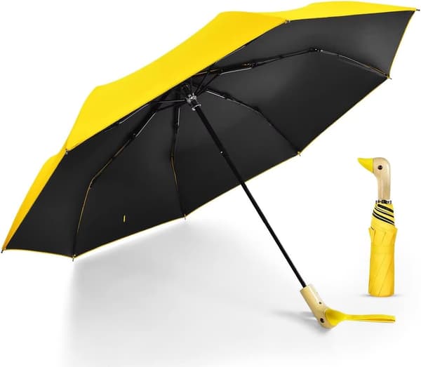 Kompakt liten paraply for regn og sol, søt design andehode paraply for jenter gaver, 8 ribber sammenleggbar paraply med trehåndtak