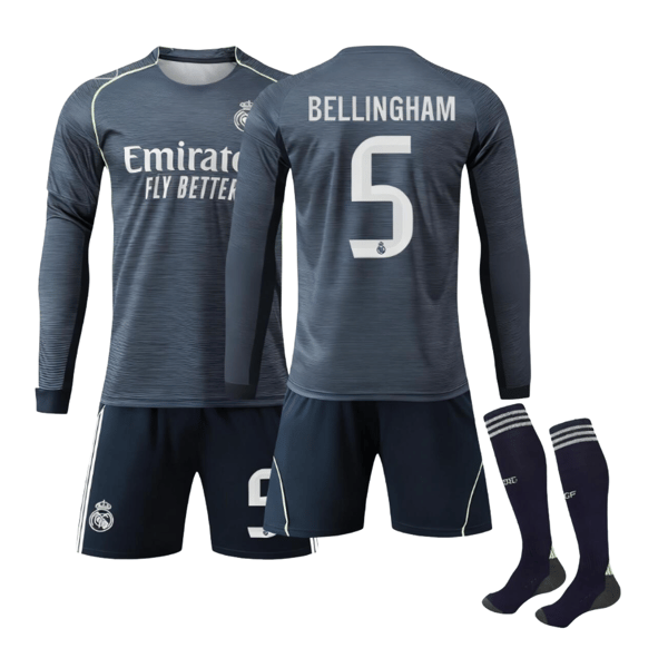 Real Madrid BELLINGHAM #5 2025/2026 Special Edition Langærmet Børnefodboldtrøje/Shorts/Sokker Sæt Ungdom Børnestørrelser