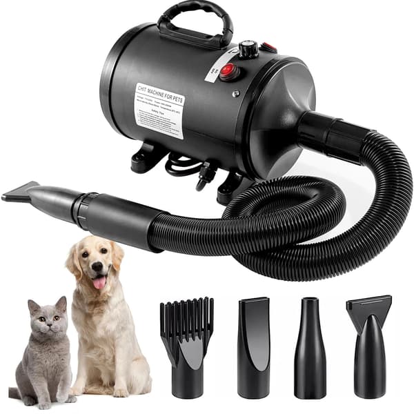 Hundtork, 2000W/2,7HP Hundfön, Hårtork för husdjur med 4 munstycken och utdragbar slang, Svart