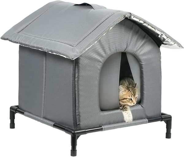 Katte- og hundeseng – Grått vinterhus for kjæledyr, vanntett, isolert og slitesterk krybbe, perfekt for innendørs og katterom
