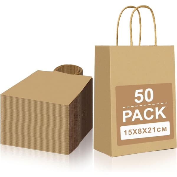 50 stk. Små Kraft Papirposer med Håndtag, Brun Gavepose 15x8x21cm, Papir Gaveposer, Kraftpose til Fest, Jul, Bryllup, Fødselsdag