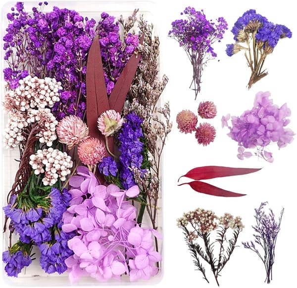 Naturlige tørrede blomster - Håndlavede dekorationer - Smykker, stearinlys, neglekunst, scrapbooking, blomsterdekorationer (lilla og rød)