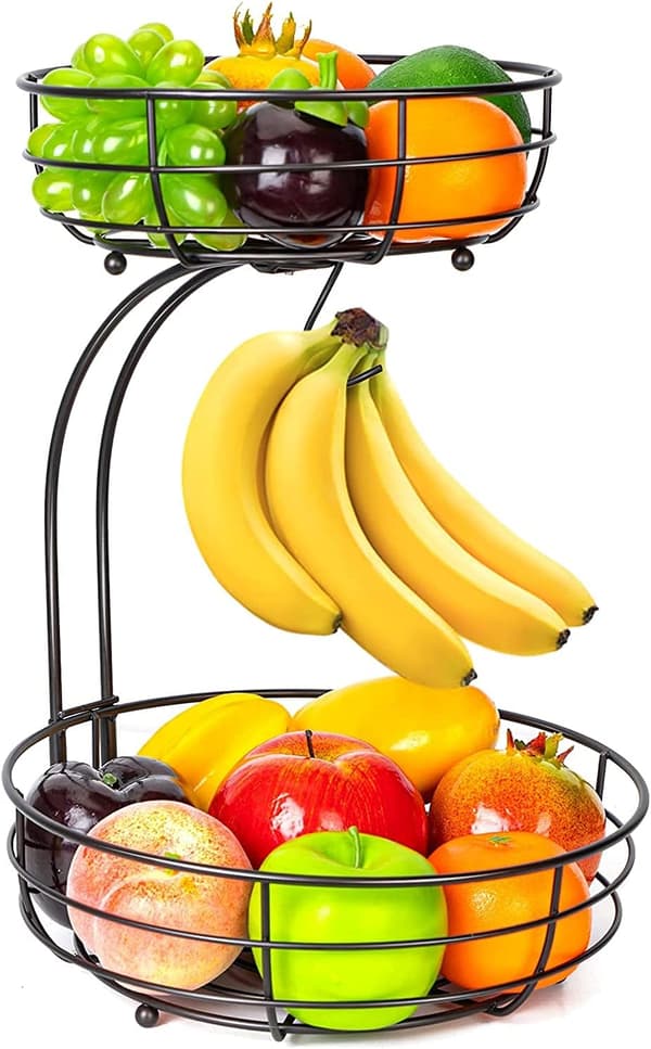 Hedelmäkori, 2-kerroksinen hedelmäkulho banaanitelineellä, keittiön työtason teline, metallikulhot täydelliset hedelmien ja vihannesten säilytykseen