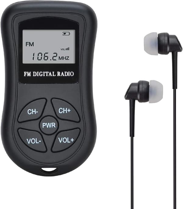 Batteridrevet FM lommeradio, mini størrelse radio 60-108MHz stereo radio bærbar FM radiomodtager/m DSP, LCD-display og øretelefoner (8,5*4,6*2cm)