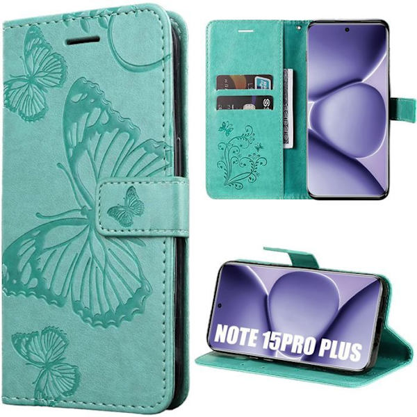 E.f.connection Skal För Xiaomi Redmi Note 15 Pro Plus 5G - Stötsäker, Repbeständig Pu-Läder Fjärilsmönster Grön
