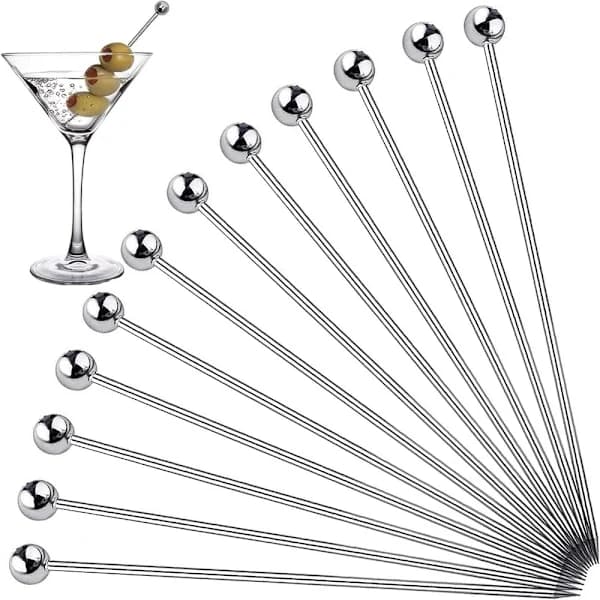 Cocktailpinner Sett, Gjenbrukbare Martini Oliven Tannstikkere i Rustfritt Stål for Drikkevarer, Forretter og Fester, Sølv 12-pakning