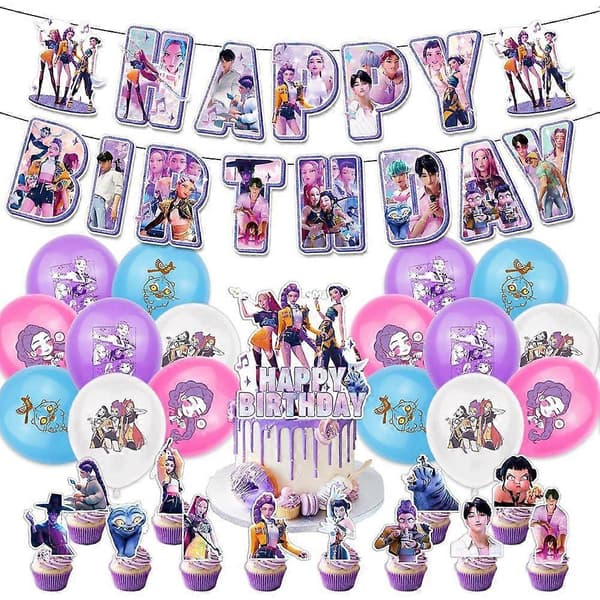 Kpop Demon Hunters Bursdagsfestsett - Banner, Kaketopp og Ballonger for Barn Anime Tema