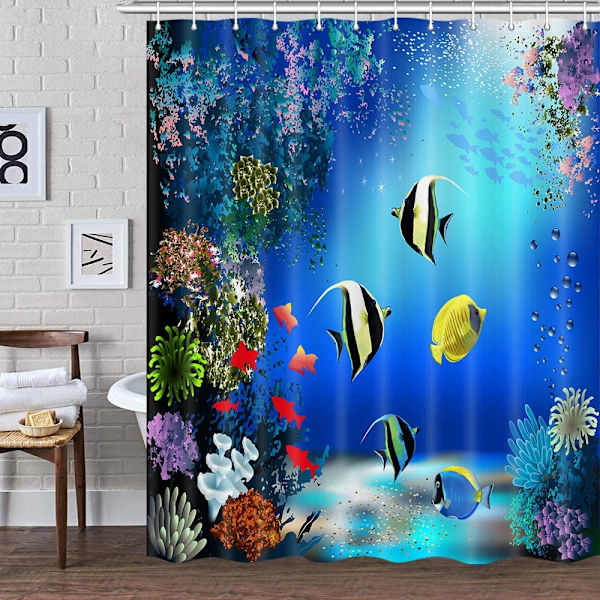 Ocean Kids Bathroom Underwater Shower Curtain, Colorful Tropical Fish Coral Sea Animal Fabric Blue Shower